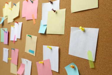 Mantar panoya iğnelenmiş renkli kağıt notlar