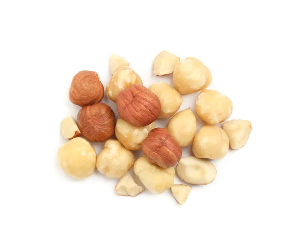 Heap Tasty Hazelnuts White Background Top View — Stock Photo, Image