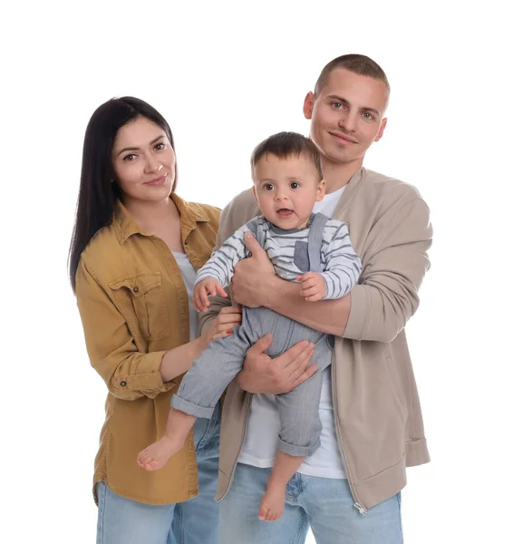 Retrato Família Feliz Com Criança Pequena Fundo Branco — Fotografia de Stock