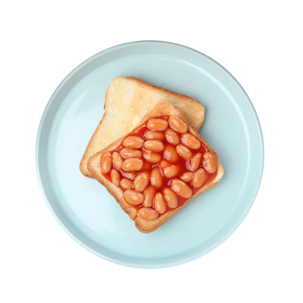 Leckere Brotscheiben Mit Gebackenen Bohnen Auf Weißem Hintergrund Draufsicht — Stockfoto