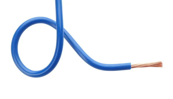 Gestreepte Elektrische Draad Met Blauwe Isolatie Geïsoleerd Wit — Stockfoto