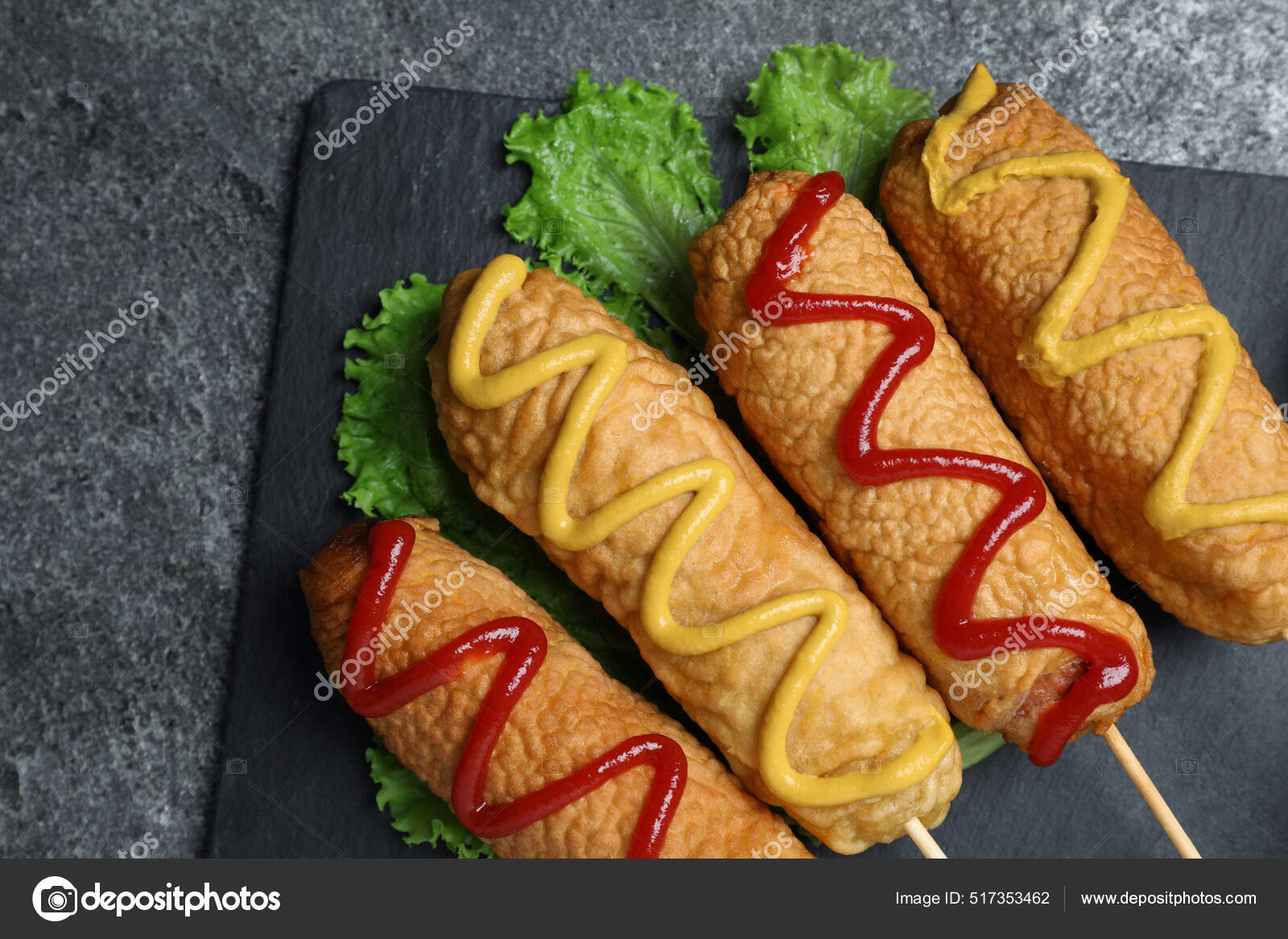 Delicious Deep Fried Corn Dogs Lettuce Sauces Grey Table Top