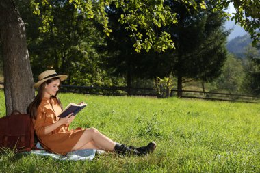 Ormanın yakınındaki çayırda, ağacın altında kitap okuyan genç bir kadın.