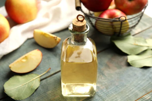 Natural Apple Vinegar Fresh Fruits Blue Wooden Table — Stock Photo, Image