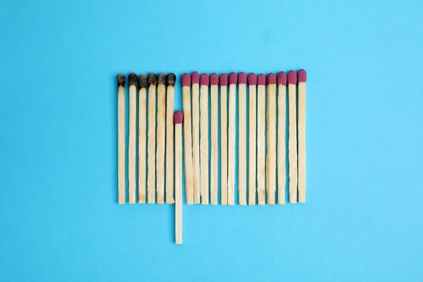 Composição Plana Com Fósforos Queimados Inteiros Sobre Fundo Azul Claro — Fotografia de Stock