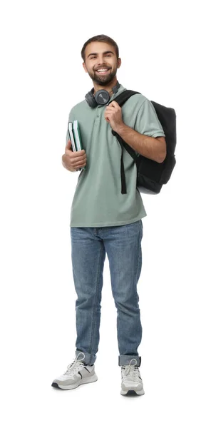 Student Headphones Backpack Books White Background — Stock Photo, Image