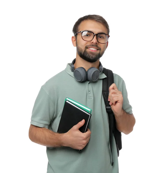 Student Mit Kopfhörer Rucksack Und Büchern Auf Weißem Hintergrund — Stockfoto