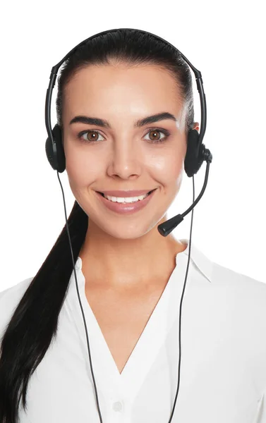 Mooie Jonge Consulting Manager Met Headset Witte Achtergrond — Stockfoto