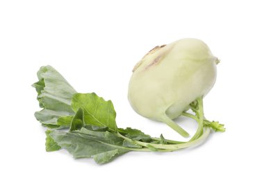 Beyaz arka planda yaprakları olan olgun kohlrabi bitkisi.