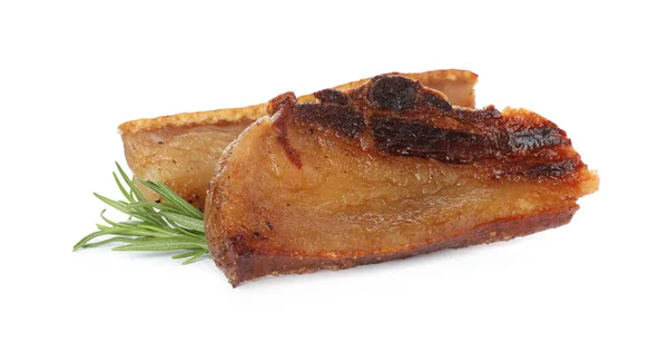 白い背景にローズマリーとおいしい揚げパチパチ 豚肉のラードを調理 — ストック写真