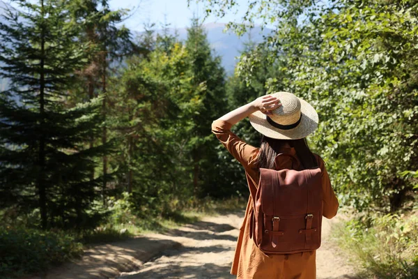 Γυναίκα Σακίδιο Και Καπέλο Πόδια Στο Δάσος Πίσω Όψη — Φωτογραφία Αρχείου