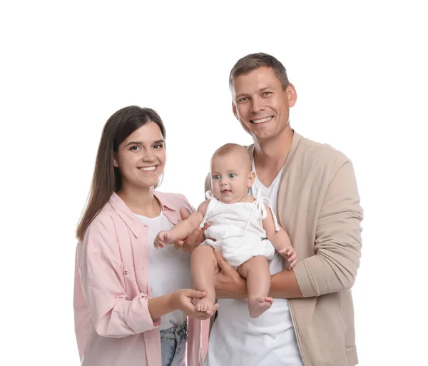 Retrato Família Feliz Com Seu Bebê Bonito Fundo Branco — Fotografia de Stock