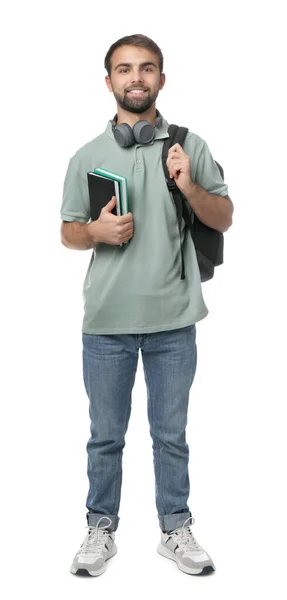 Étudiant Avec Écouteurs Sac Dos Livres Sur Fond Blanc — Photo