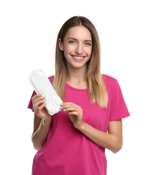 Gelukkig Jong Vrouw Met Wegwerp Menstruatie Pad Witte Achtergrond — Stockfoto
