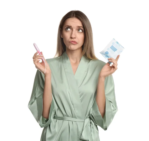Thoughtful Young Woman Disposable Menstrual Pad Tampon White Background — Stock Photo, Image