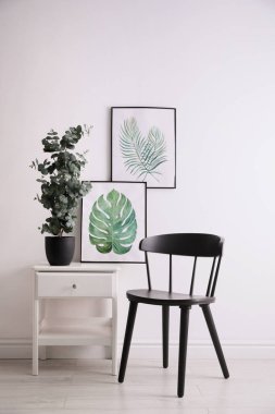 Modern mobilyalar, güzel tablolar ve okaliptüslü okaliptüs bitkilerle donatılmış şık bir oda.
