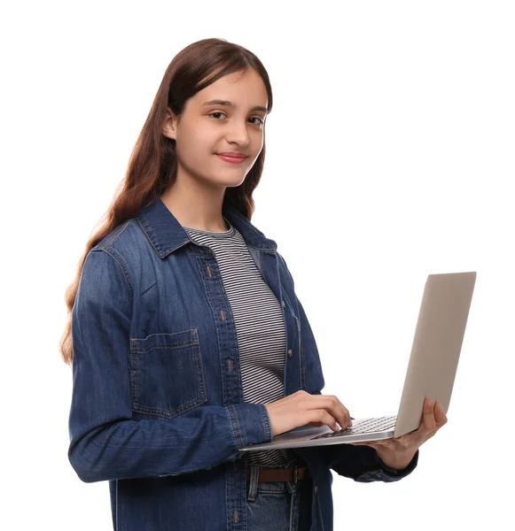 Студент Підліток Ноутбуком Білому Тлі — стокове фото