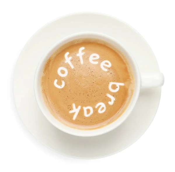 Kopje Aromatische Espresso Met Zin Koffiepauze Geïsoleerd Wit Bovenaanzicht — Stockfoto