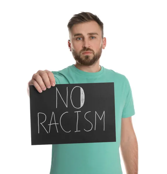 Junger Mann Mit Schild Mit Der Aufschrift Racism Auf Weißem — Stockfoto