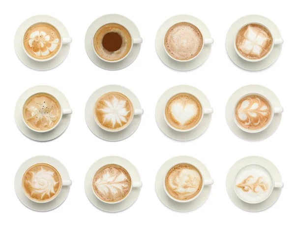Set Avec Des Tasses Café Aromatique Savoureux Sur Fond Blanc — Photo