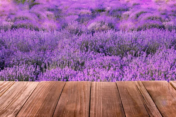 Superficie Madera Vacía Campo Con Hermosa Lavanda Floreciente Día Soleado — Foto de Stock