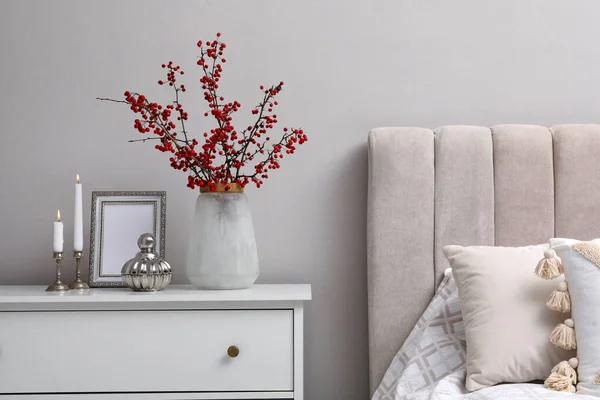 Hawthorn Branches Red Berries Candles Frame Chest Drawers Bedroom — Stock Photo, Image