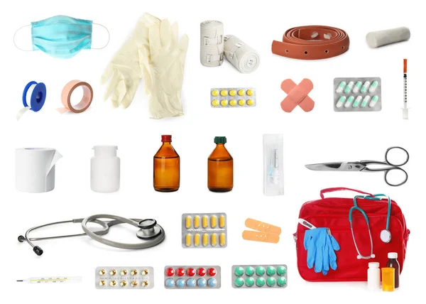 Verbandskasten Set Mit Verschiedenen Medizinischen Hilfsmitteln Auf Weißem Hintergrund — Stockfoto