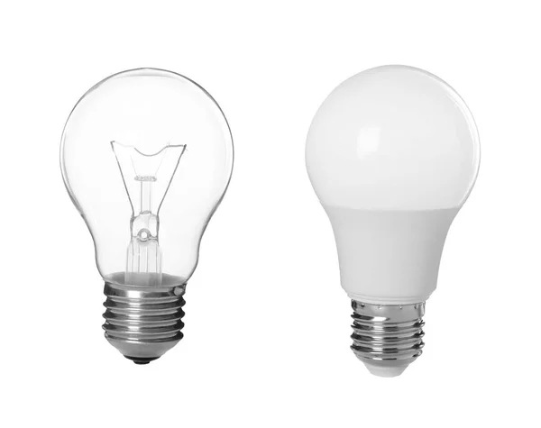 Comparison Two Different Light Bulbs White Background Collage — Stock Photo, Image