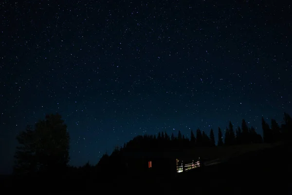 Krásný Výhled Dům Blízkosti Tmavého Lesa Pod Hvězdnou Oblohou Noci — Stock fotografie