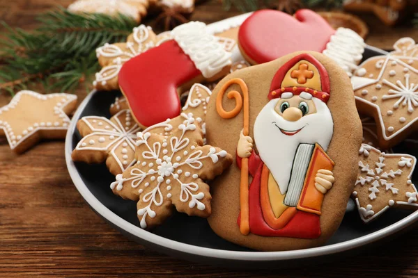 Tasty Gingerbread Cookies Wooden Table Closeup Nicholas Day Celebration — Stock Photo, Image