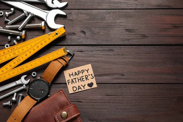Card Phrase Happy Father Day Different Tools Male Accessories Wooden — Stock Photo, Image