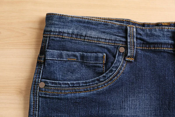 Stylish Dark Blue Jeans Wooden Background Closeup Inset Pocket — Stock Photo, Image