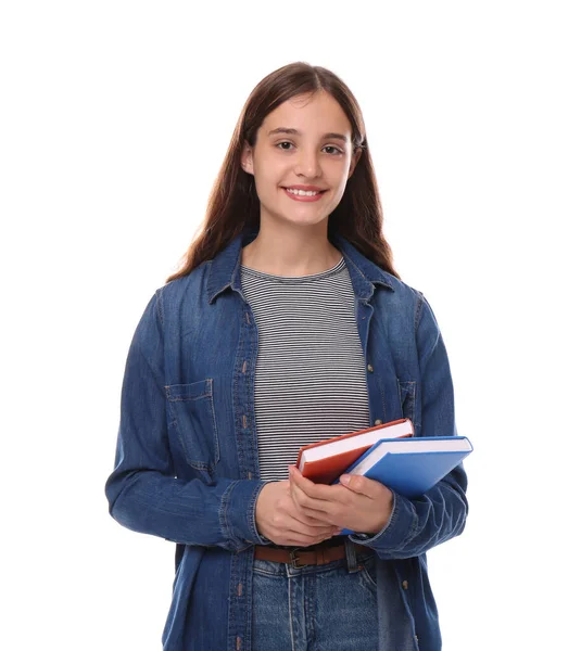 Beyaz Arka Plan Kitapları Olan Genç Bir Öğrenci — Stok fotoğraf