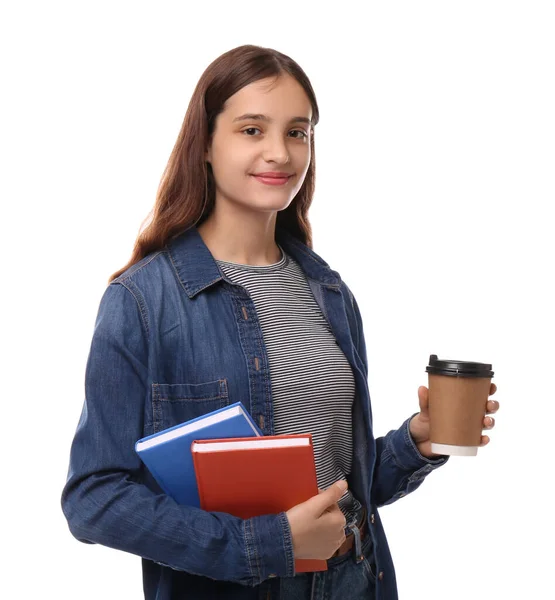 Tiener Student Met Boeken Een Kopje Koffie Witte Achtergrond — Stockfoto