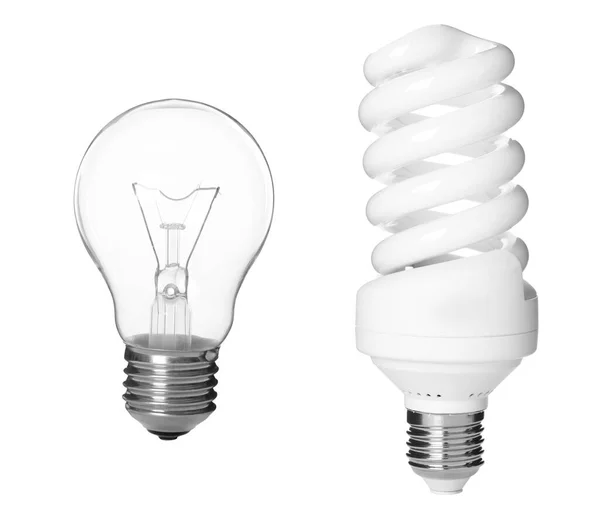 Comparison Two Different Light Bulbs White Background Collage — Stock Photo, Image