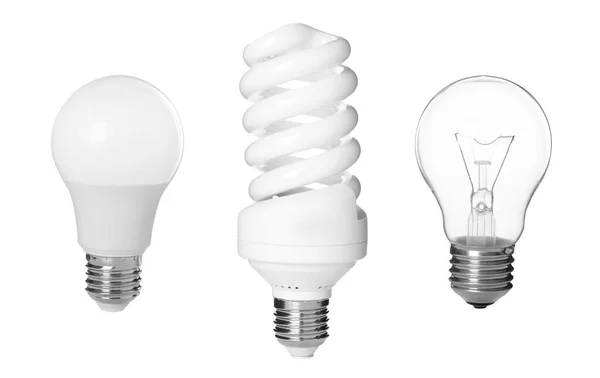 白い背景に異なる電球の比較 コラージュ — ストック写真