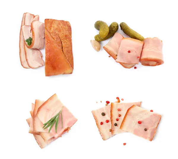 Top View Delicious Smoked Bacon White Background Collage — Stock Photo, Image