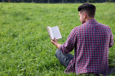 Yeşil çimenler üzerine kitap okuyan adam, arka plan