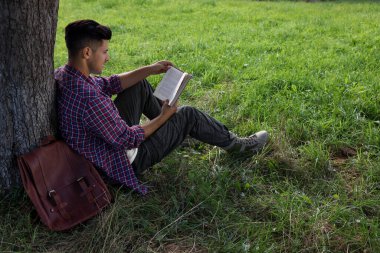Yeşil çayırdaki ağacın altında kitap okuyan yakışıklı adam.