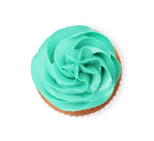 Delicious Cupcake Turquoise Cream Isolated White Top View — Stock Photo, Image