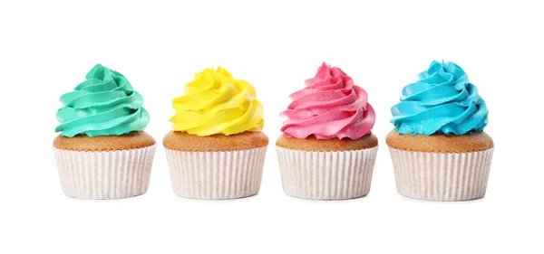 Diferentes Deliciosos Cupcakes Coloridos Fundo Branco — Fotografia de Stock