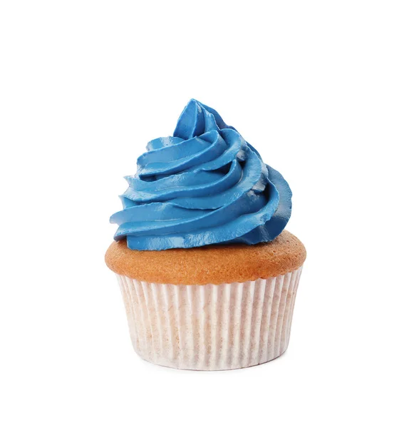 Вкусный Кекс Голубым Кремом Изолированы Белом — стоковое фото