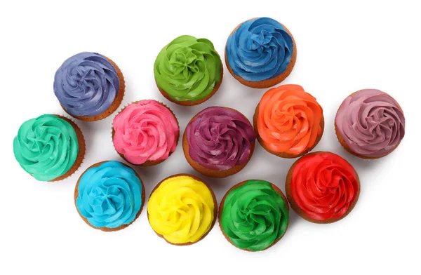 Cupcakes Coloridos Deliciosos Diferentes Fundo Branco Vista Superior — Fotografia de Stock