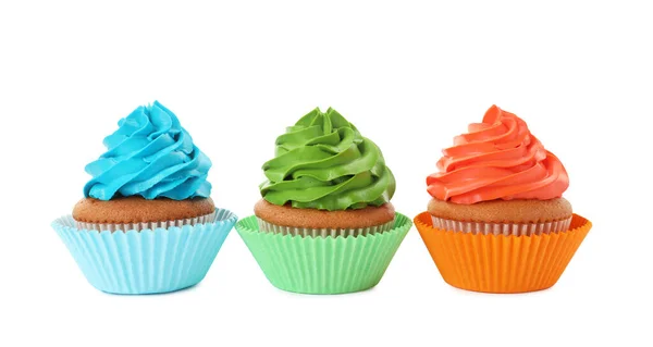 Diferentes Deliciosos Cupcakes Colores Sobre Fondo Blanco —  Fotos de Stock