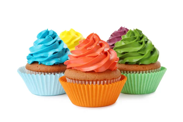 Diferentes Deliciosos Cupcakes Coloridos Fundo Branco — Fotografia de Stock