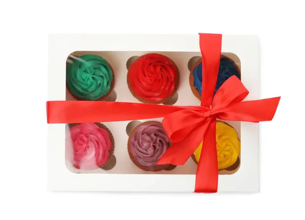 Caixa Com Cupcakes Diferentes Fundo Branco Vista Superior — Fotografia de Stock