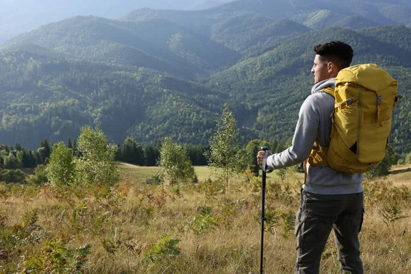 Tourist Backpack Trekking Poles Enjoying Mountain Landscape Space Text — Stock Photo, Image