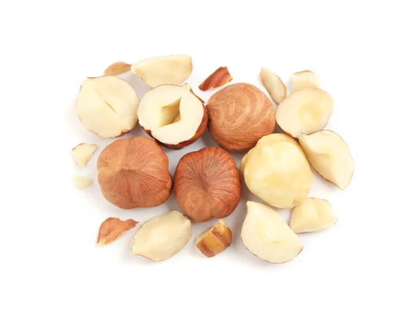 Heap Tasty Hazelnuts White Background Top View — Stock Photo, Image