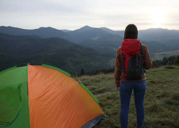 Woman Enjoying Mountain Landscape Camping Tent Sunset Back View — Stock Photo, Image