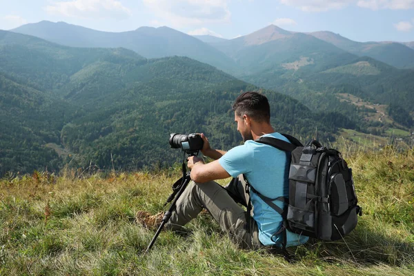 Professional Photographer Taking Picture Modern Camera Mountains Space Text — Stock Photo, Image